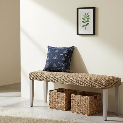 Solid Wood Acacia Indoor Bench with Natural Woven Seat, Wood Bench for Living Room or Entryway, Vintage Bench (Fishbone Style, Water Hyacinth) (Plait Style - Grey Leg, Water Hyacinth)