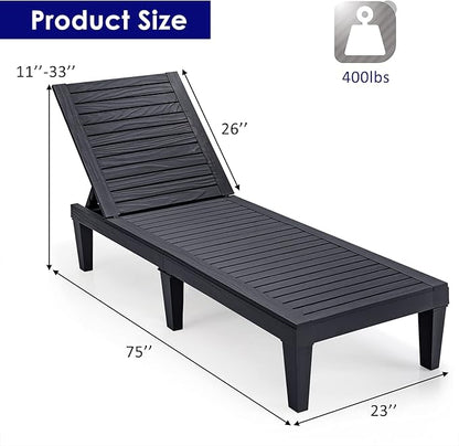 Tangkula Outdoor Chaise Lounge Chair, Lightweight Patio Lounge Recliner Chair with Adjustable Backrest, 5 Reclining Positions Chaise Lounger for Patio, Beach, Balcony, Poolside, Backyard (1, Black)