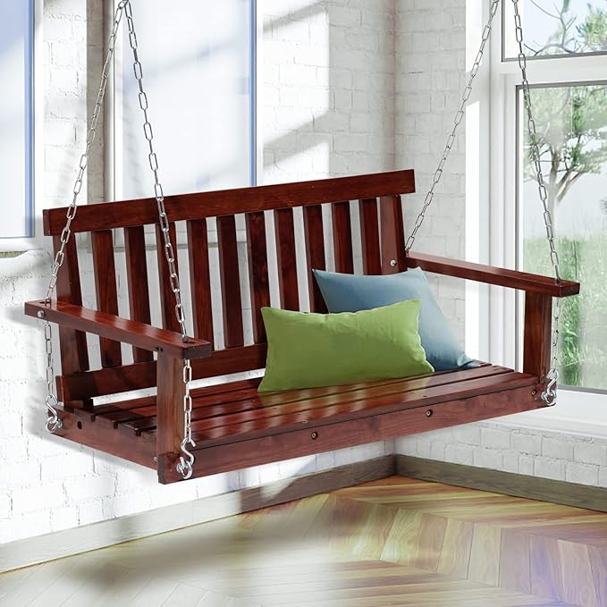 Wooden Porch Swings Outdoor Bench Swing 48inch, 2 Person Seating Hanging Porch Swing Solid Wood Patio Bench for Garden - Photo 7