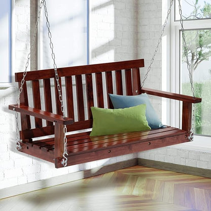 Wooden Porch Swings Outdoor Bench Swing 48inch, 2 Person Seating Hanging Porch Swing Solid Wood Patio Bench for Garden,Yard,Patio,Corrosion Resistant, Heavy Duty 800lb Weight for Adult (Brown)