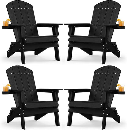 YEFU Adirondack Chair, Foldable Oversized Plastic Adirondack Chair Set of 4 with Cup Holder, Patio Chair with Weather Resistant for Outside Deck Lawn, Weight Capacity Up to 400 Lbs –Black