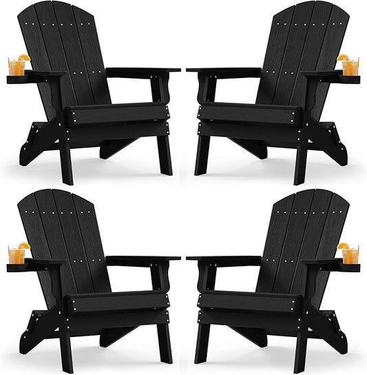 YEFU Adirondack Chair, Foldable Oversized Plastic Adirondack Chair Set of 4 with Cup Holder, Patio Chair with Weather Resistant for Outside Deck Lawn, Weight Capacity Up to 400 Lbs –Black