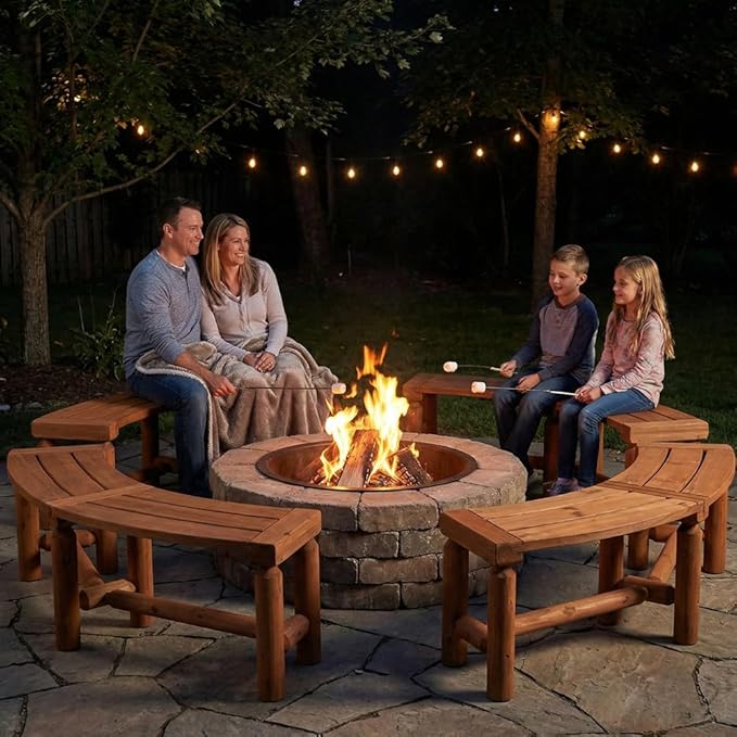 FORTUNO Outdoor Wooden Curved Backless Porch Bench Rustic Style Cedar/Fir Wood Log Fire Pit Bench for Patio Garden Deck - Photo 2