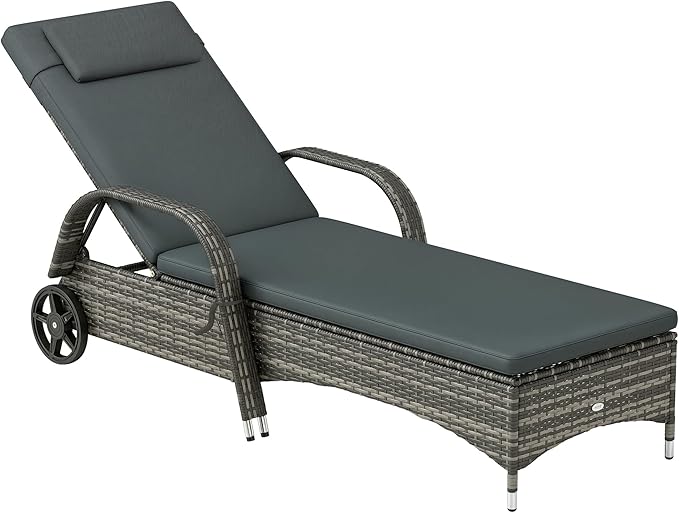 Outsunny Wicker Outdoor Chaise Lounge, 5-Level Adjustable Backrest PE Rattan Pool Lounge Chair with Wheels, Cushion & Headrest, Mixed Gray and Charcoal Black
