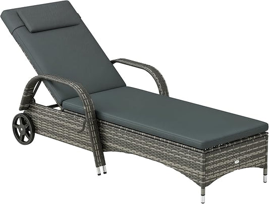Outsunny Wicker Outdoor Chaise Lounge, 5-Level Adjustable Backrest PE Rattan Pool Lounge Chair with Wheels, Cushion & Headrest, Mixed Gray and Charcoal Black
