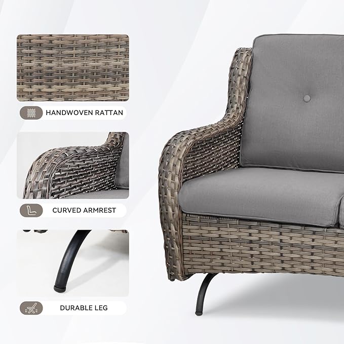 Patio Loveseat Wicker Loveseat Rattan Glider Sofa with Curved Armrest Thicking Back & Seat Cushions for Garden Balcony Backyard Grey Wicker|Grey Cushions (A) Patio Loveseat Glider