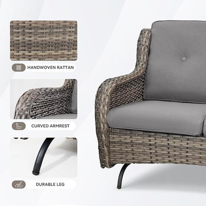 Patio Loveseat Wicker Loveseat Rattan Glider Sofa with Curved Armrest Thicking Back & Seat Cushions for Garden Balcony Backyard Grey Wicker|Grey Cushions (A) Patio Loveseat Glider