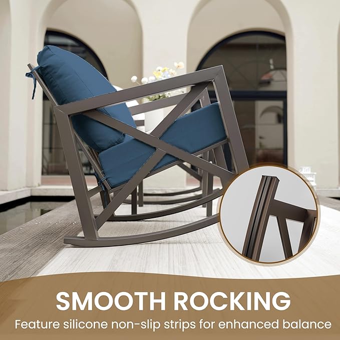 UDPATIO Rocking Chair Outdoor Set 2 with Coffee Table, 3 Piece Metal Rocking Bistro Set with 6.5" Water-Resistant Cushions, Oversized, 350lbs Heavy-Duty, for Porch, Patio, Balcony, Navy