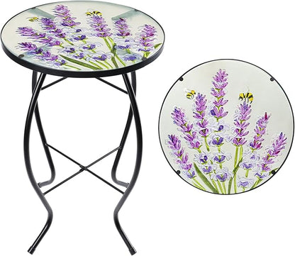 MUMTOP Outdoor End Tables for Patio, Lavender Small Round Side Table, Glass Accent Table for Outside, Garden, Balcony, Porch, Indoor Home Decor