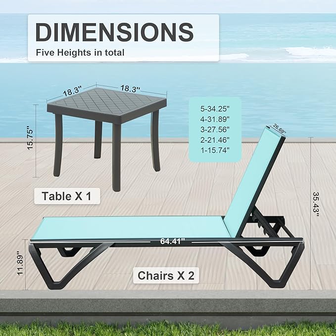 Domi Pool Lounge Chairs Set of 3, Aluminum Chaise Lounge Outdoor with Side Table - Photo 2