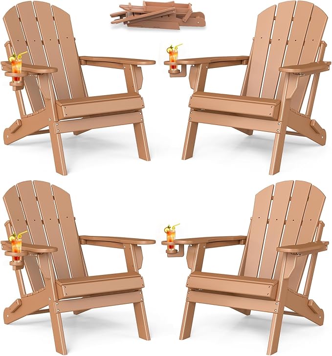 BRIOPAWS Folding-Adirondack-Chairs Set of 4 | HDPE | Fire Pit Chair | Cup Holder | Weather Resistance | Teak | for Outdoor Backyard Deck Patio