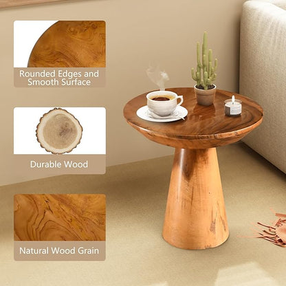 Mushroom Side Table, Teak Stool, Natural Plant Stand, 14" Tall Wood Round Coffee Table for Living Room, Bedroom, Garden, Yard