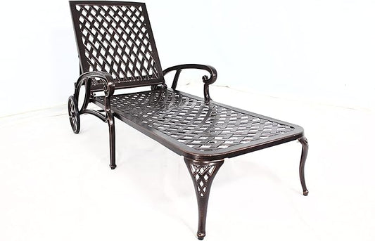 Chaise Outdoor Aluminum Lounge Chair with Wheels, 3-Position Adjustable Recliner Furniture Set for Poolside, Backyard and Patio (1pc, Antique Bronze)
