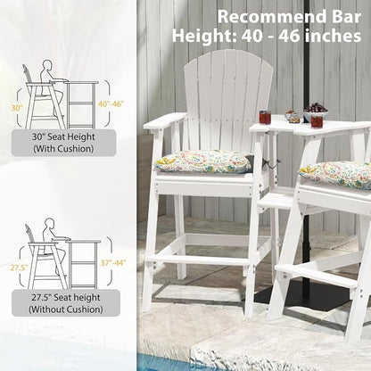 Sundale Outdoor Tall Adirondack Chairs Set of 2 with Table, Patio HDPE Bar Set, 3 PCS Counter Height Dining Bistro Set, Pub Table with Stools, 2 Umbrella Hole Caps, White