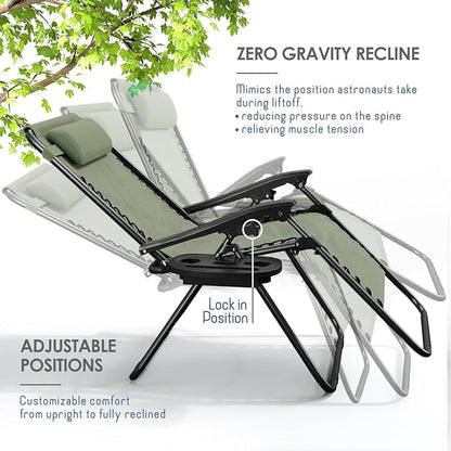 Nestl Zero Gravity Chairs 1 Pk, Portable Patio Lounge Outdoor with Pillows & Cup Holder Trays, Adjustable Steel Lawn Chair for Deck, Beach - Sage Green