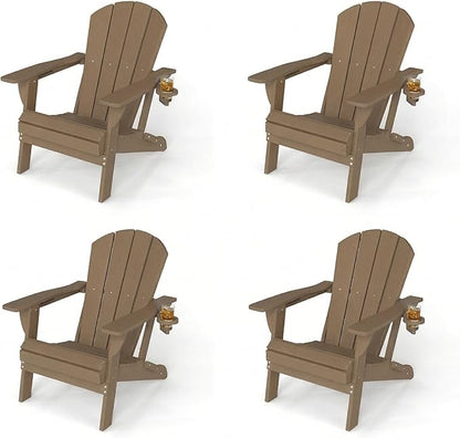 Kingdura Folding Adirondack Chairs Set of 4, Portable HDPE Outdoor Patio Chair with Wooden Textured & Cup Holder, All Weather Resistant, 380LBS Capacity for Pool, Backyard, Balcony, Fire Pit (Brown)