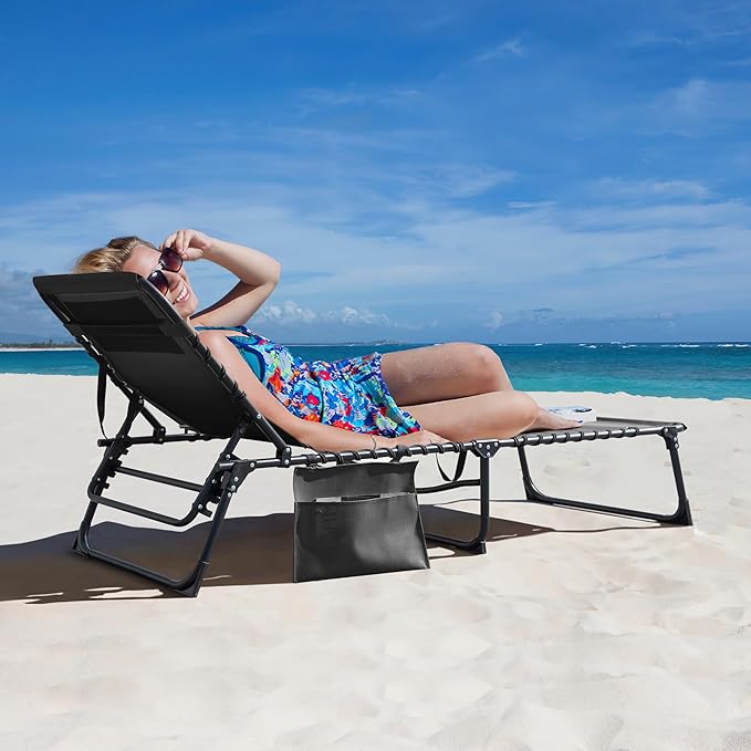 Greesum Chaise Lounge Folding Tanning Chair with 5 Position Adjustable Back, Detachable Pillow & Pocket Outside Pool, Beach, Sunbathing, Gray