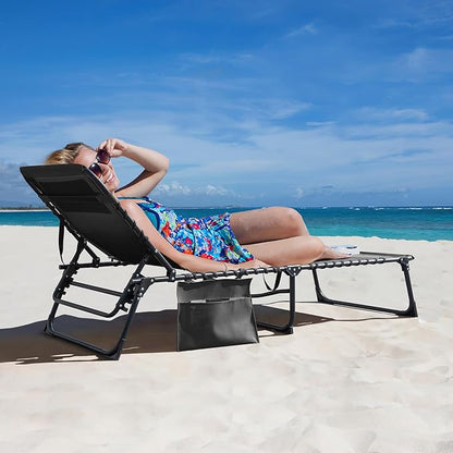Greesum Chaise Lounge Folding Tanning Chair with 5 Position Adjustable Back, Detachable Pillow & Pocket Outside Pool, Beach, Sunbathing, Gray
