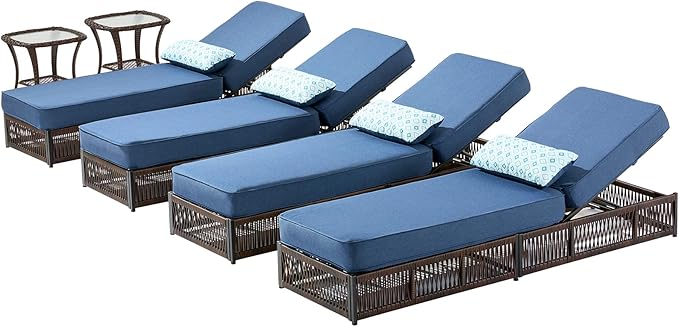Luxury Outdoor Chaise Lounge Chairs of 4 with 5 Inch Thick Cushions and Side Table - 6 PCS High Back Brown Wicker Patio Recliners Lounger Furniture Set for Poolside Sunbathing - Navy Blue