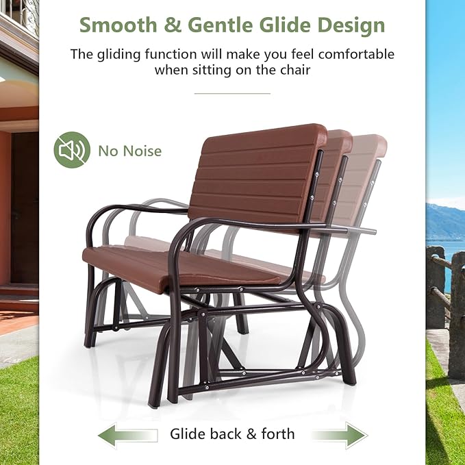 HAPPYGRILL Outdoor Swing Glider Bench, Patio Loveseat Chair with Steel Frame, Rocking Bench for Porch Deck Poolside Garden, (Brown)