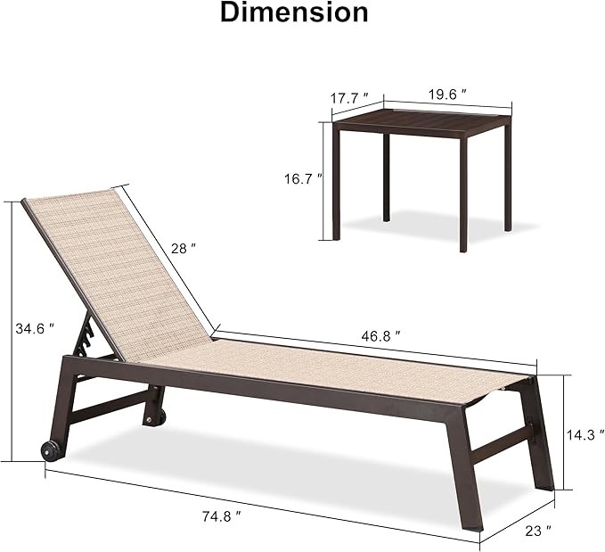 PURPLE LEAF Chaise Lounge Outdoor Set 4 Pieces Sturdy Aluminum Outdoor Chaise Lounge Chair for Pool Outside Lawn Patio Lounger with Breathable Textilene Fabric, Light Tan