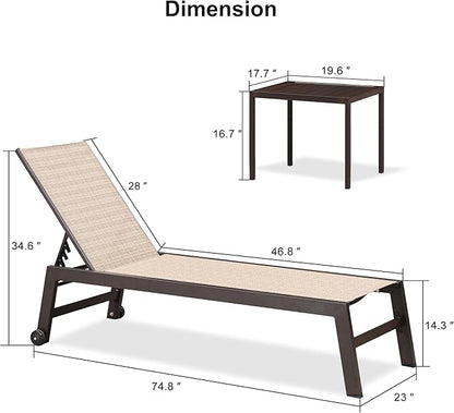 PURPLE LEAF Chaise Lounge Outdoor Set 4 Pieces Sturdy Aluminum Outdoor Chaise Lounge Chair for Pool Outside Lawn Patio Lounger with Breathable Textilene Fabric, Light Tan