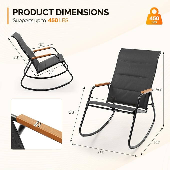 VINGLI Outdoor Rocking Chair, 450lbs Capacity Portable Outdoor Rocker with Hard Armrests, All Weather Porch Rocker for Garden, Living Room, Patio, Lawn (Black, Without footrest)