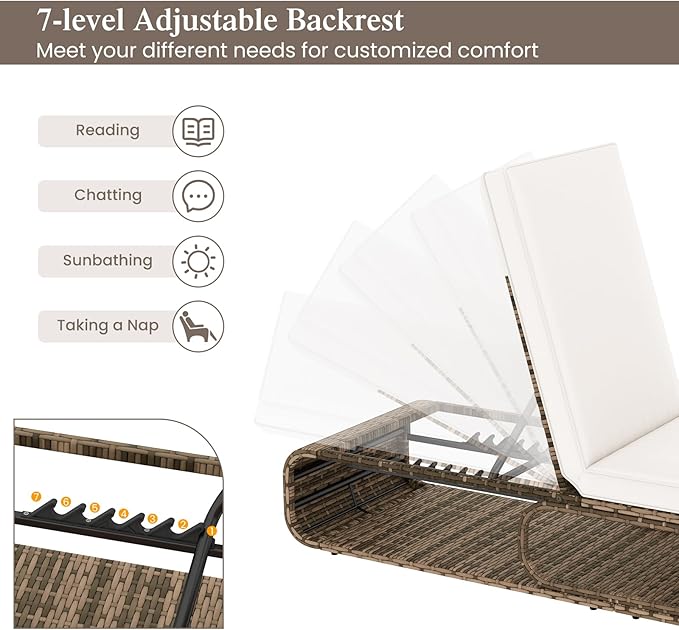 Tangkula Outdoor Chaise Lounge Chair, 7-Position PE Wicker Patio Reclining Sun Lounger with Adjustable Backrest, Cushion and Storage, Pool Sunbathing Recliner for Poolside, Backyard (2, Off White)