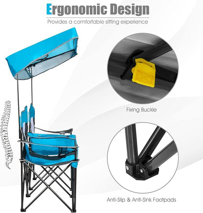 S AFSTAR Double Camping Chair w/Shade Canopy, 2-Person Folding Camp and Beach Chair with Mini Table Beverage Cup Holder Carrying Bag, Collapsible Camping Chairs for Garden Patio Pool Beach