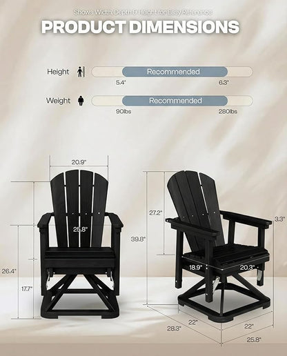 HDPE Swivel Glider Chair Outdoor, Weather Resistant Adirondack Outside Rocking Chair, Wooden Textured Outdoor Swivel Chair Set of 4 for Porch, Balcony, Poolside, Backyard (Black)