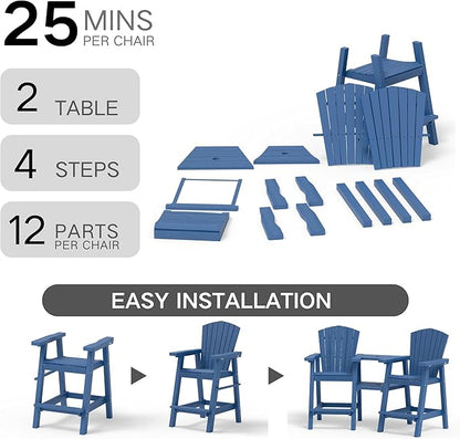 Kingdura Upgraded Tall Adirondack Chairs Set of 2, Weather Resistant HDPE Bar Height Outdoor Stools with Removable Double Connecting Trays, Wooden Grain for Patio, Balcony, Deck (Navy Blue)