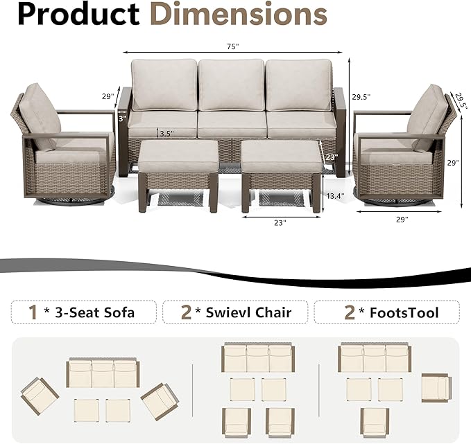 Outdoor Patio Furniture Set, 5 Piece Wicker Patio Conversation with Deep Seating, Thicken Cushions, Outdoor Swivel Rocker Patio Chairs, Metal Outdoor Furniture for Deck, Porch, Yard Use