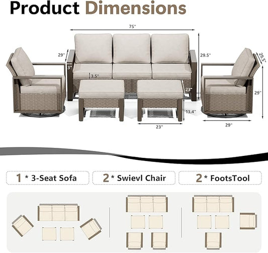 Outdoor Patio Furniture Set, 5 Piece Wicker Patio Conversation with Deep Seating, Thicken Cushions, Outdoor Swivel Rocker Patio Chairs, Metal Outdoor Furniture for Deck, Porch, Yard Use