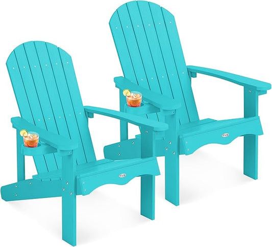 Y&M Adirondack Chair Set of 2, Aruba Blue Fire Pit Chairs, Outdoor Patio Chairs with Cup Holder, Weather Resistant HDPE Wooden Textured Patio Chairs, Perfect for Garden, Lawn, Deck, or Poolside