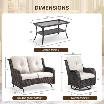 Patio Loveseat Glider Set, Resin Wicker Loveseat Glider with 4 Swivel Patio Chiars Coffee Table, 6 Piece Patio Conversation Set PE Rattan Loveseat Set, Brown Wicker|Beige Cushions