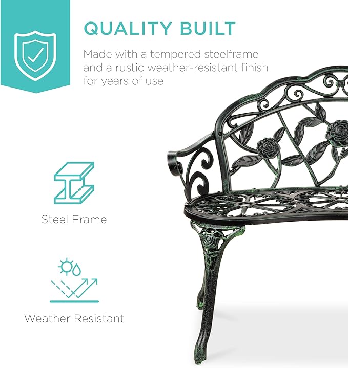 Best Choice Products Outdoor Bench Steel Garden Patio Porch Loveseat Furniture for Lawn, Park, Deck Seating w/Floral Rose Accent, Antique Finish - Black/Green