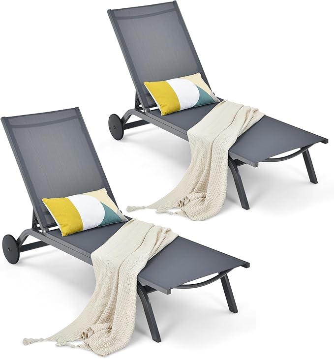 COSTWAY 2 PCS Outdoor Patio Chaise Lounge, 6-Position Adjustable Pool Lounger with Stable Aluminum Frame, Portable Sun Bathing Lounge Chair on Wheels for Backyard Garden, Grey