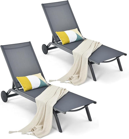 COSTWAY 2 PCS Outdoor Patio Chaise Lounge, 6-Position Adjustable Pool Lounger with Stable Aluminum Frame, Portable Sun Bathing Lounge Chair on Wheels for Backyard Garden, Grey