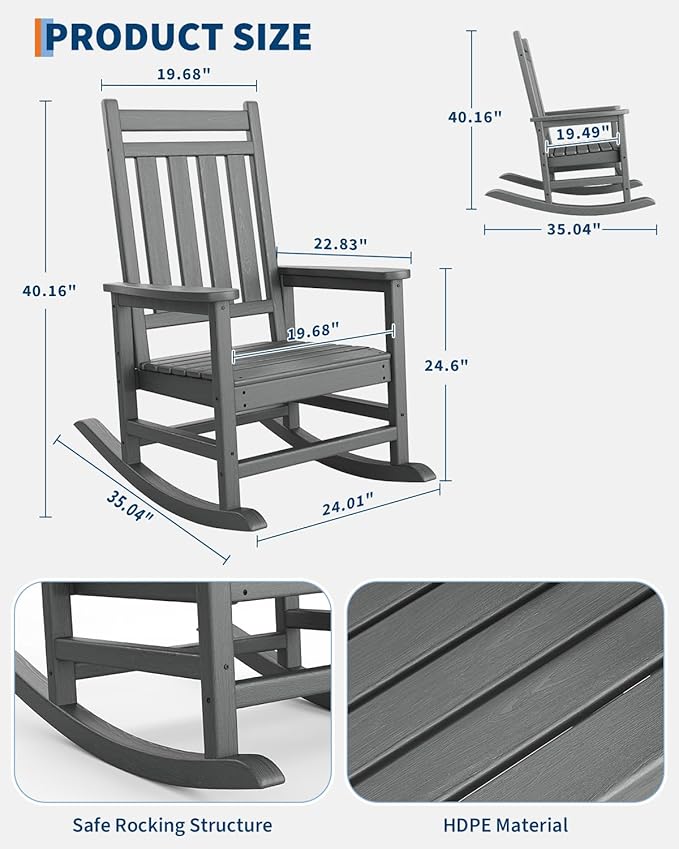 GarveeHome Adirondack Outdoor Rocking Chair, All Weather HDPE Plastic Patio Rocker Chair with Wide Armrests, Classic Fire Pit Chair for Porch, Deck, Lawn, Garde, 380LBs, Easy to Install, Grey