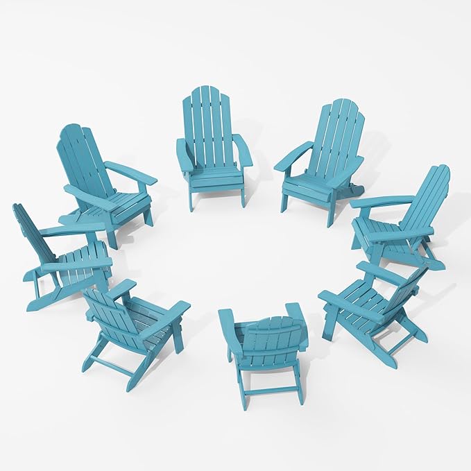 MXIMU Folding Adirondack Chair for Outdoor: Easy Assembly Adirondack Chairs Set of 8 - Composite Plastic Fire Pit Chairs - All Weather Plastic Chair for Outside Patio Lawn Garden Backyard Use