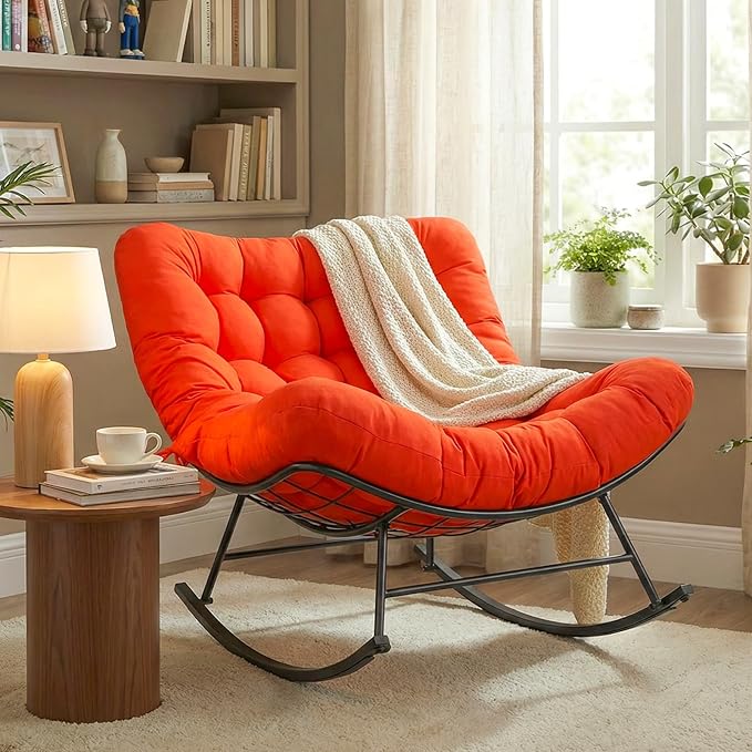 Cushioned Papasan Rocking Chair for Outdoor Indoor, Oversized Outdoor Rocking Chair with Cushion, Egg Rocker for Patio, Porch, Balcony, Lawn, Bedroom, Living Room, Red-Orange