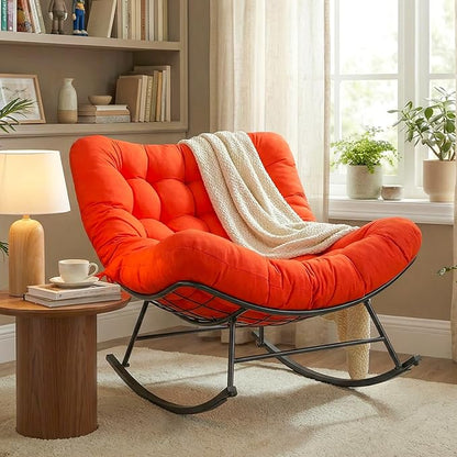 Cushioned Papasan Rocking Chair for Outdoor Indoor, Oversized Outdoor Rocking Chair with Cushion, Egg Rocker for Patio, Porch, Balcony, Lawn, Bedroom, Living Room, Red-Orange