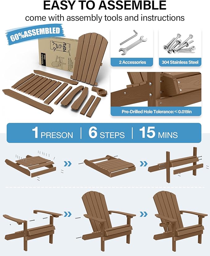 YEFU Adirondack Chairs with Cup Holders: Set of 6 Fire Pit Chairs Plastic with Wood Texture - Sturdy All-Weather HIPS for Patio Backyard Lawn - Easy Assembly Outdoor Furniture(Teak)