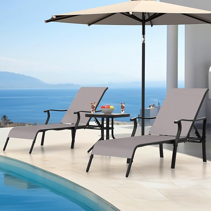 YITAHOME Outdoor Chaise Lounge Chair Set of 3,Patio Lounge Chair with Side Table and 5 Adjustable Positions, Textile Pool Chaise Lounger for Outdoor, Patio, Beach, Yard (Brown)