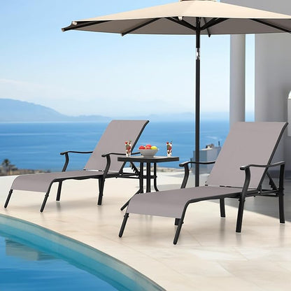 YITAHOME Outdoor Chaise Lounge Chair Set of 3,Patio Lounge Chair with Side Table and 5 Adjustable Positions, Textile Pool Chaise Lounger for Outdoor, Patio, Beach, Yard (Brown)