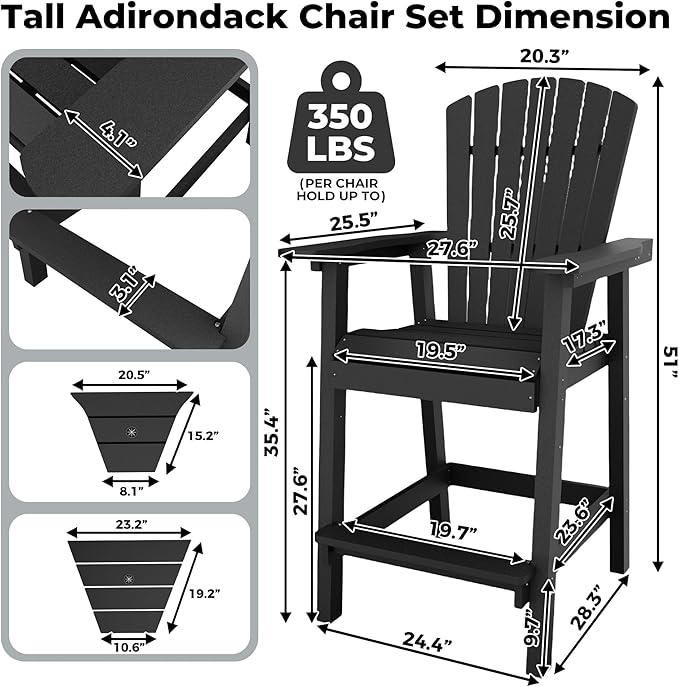 Outdoor Recycled Poly Adirondack Barstools with Connecting Tray, Tall Adirondack Chairs Bar Chairs for Deck, Balcony, Backyard, Patio Bar Stool Chair with High Back Weather Resistant Set of 2