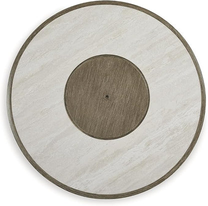 Signature Design by Ashley Rainier Ranch Contemporary Sintered Stone Tabletop Outdoor Fire Pit Table with Pedestal Base, Light Brown & Beige