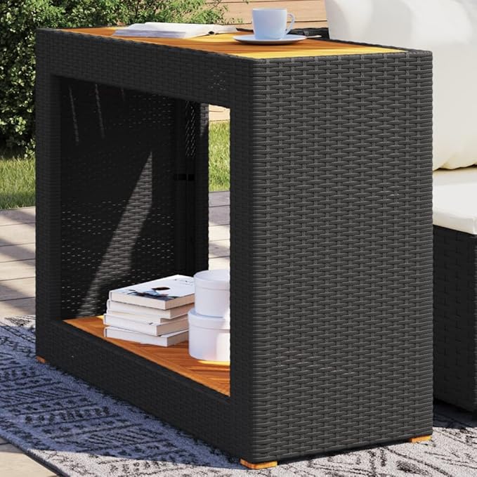 vidaXL Patio Side Table - Outdoor Garden Coffee Table with Black Poly Rattan Frame & Acacia Wood Top - 39.4"x15.7"x29.5" - Ideal for Patio/Backyard
