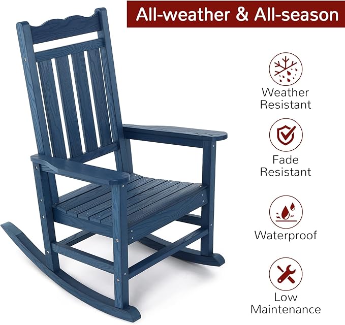 Stoog All-Weather Outdoor Rocking Chair, Porch Rocker with 400 lbs Weight Capacity, for Backyard, Fire Pit, Lawn, Garden and Indoor, Blue