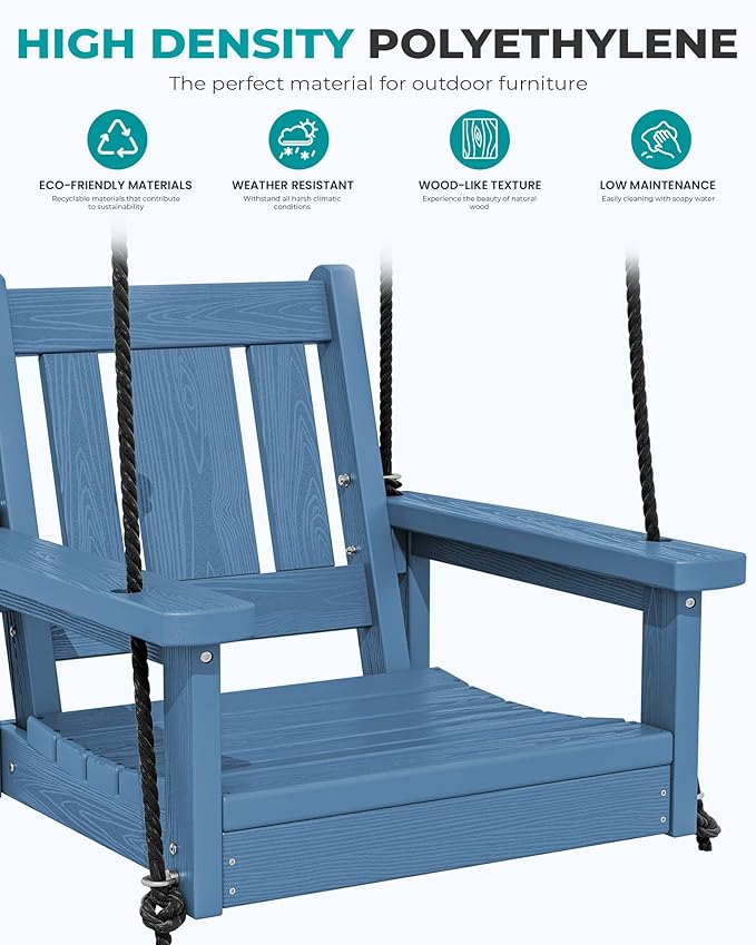 SERWALL HDPE Single Porch Swing Set of 2, Heavy Duty Single Person Swing Chair with 2 Polypropylene Hanging Ropes - Photo 9